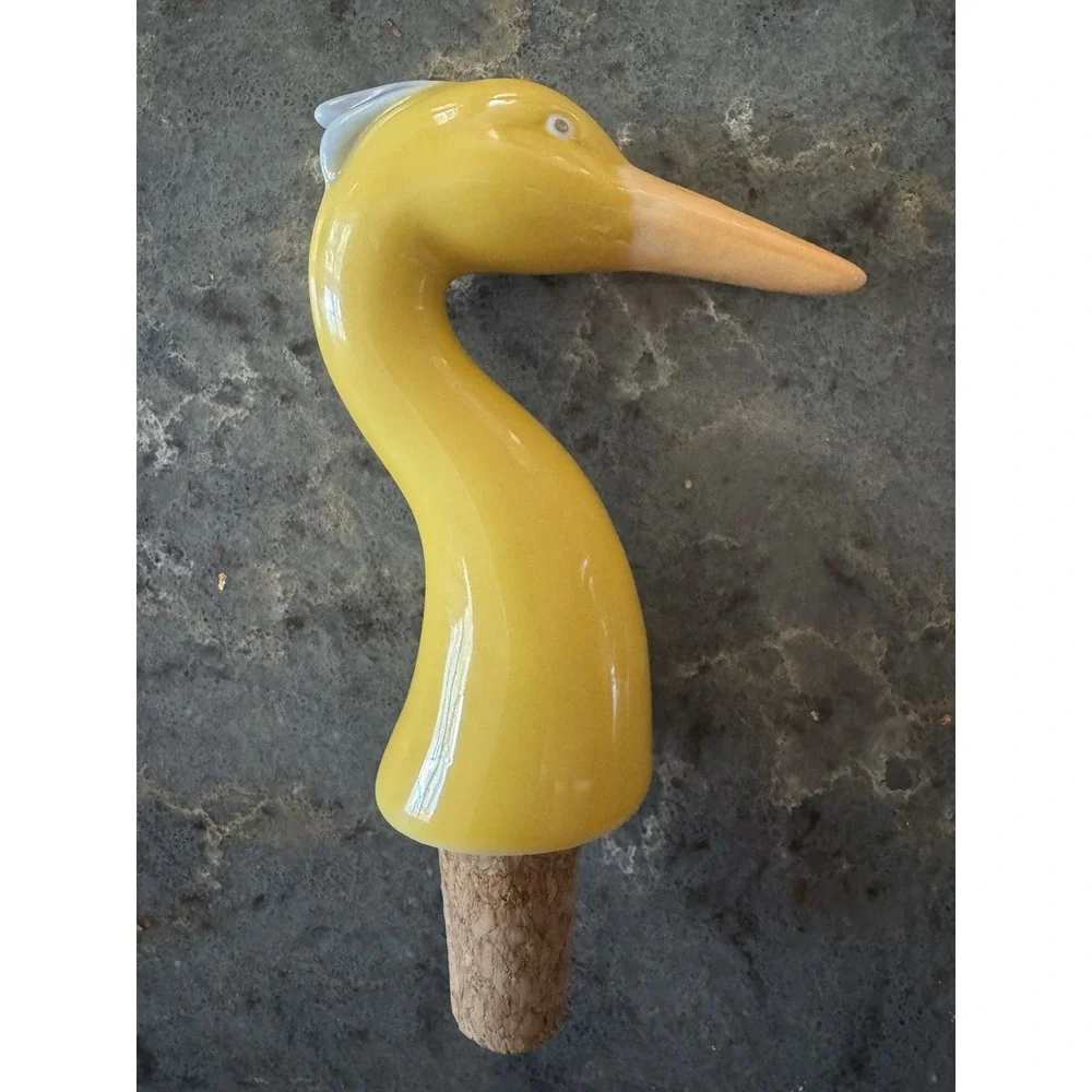 Yellow Ceramic Heron Crane Bird Wine Bottle Stopper Cork Long Beak Whimsical